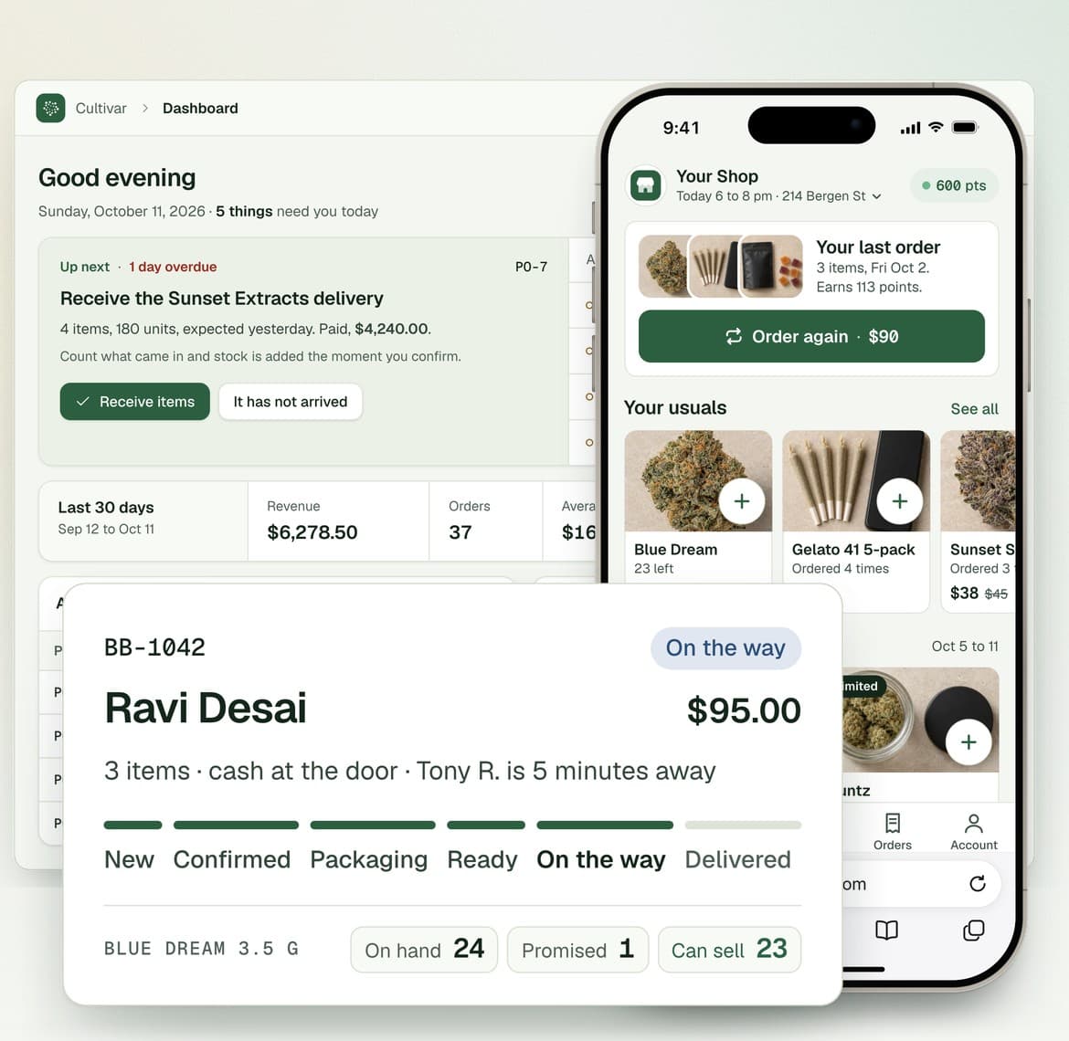 Cultivar: the admin dashboard, the shop's storefront on a phone, and order BB-1042 for Ravi Desai, on the way