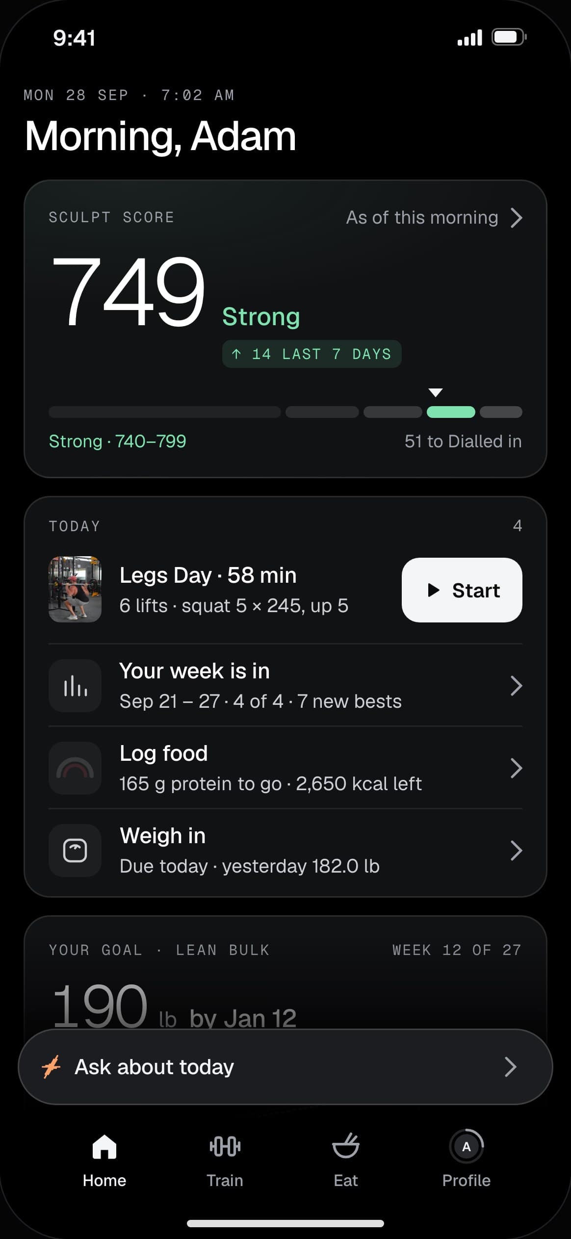 Home: Sculpt Score 749, Strong, then today's Legs Day with one Start button